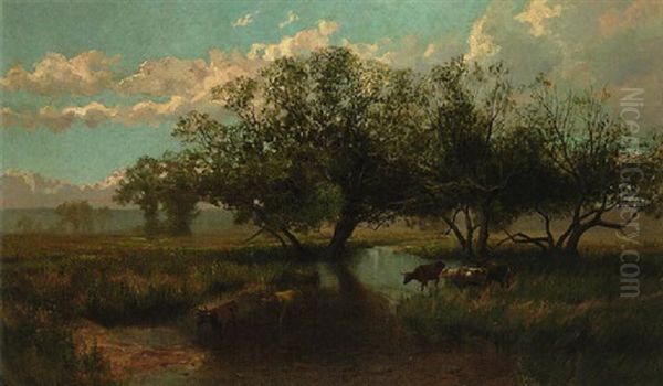 Cattle Watering At Pasture Stream - view 1