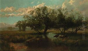 Cattle Watering At Pasture Stream by Thomas Mower Martin