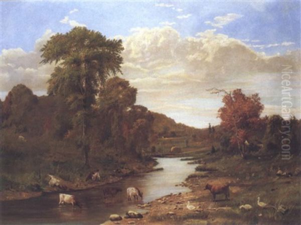 River Landscape With Grazing Cattle - view 1