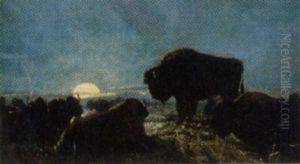 Buffalo At Moon Rise by Thomas Mower Martin