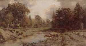 Cattle Drinking From A Stream by Thomas Mower Martin