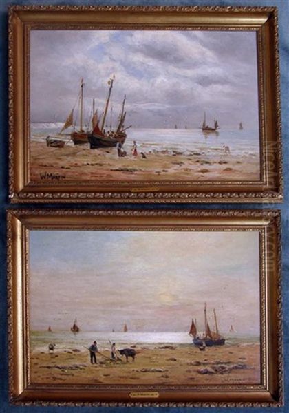 Fishing Boats Moored On A Beach With Figures And Animals Looking On (pair) - view 1
