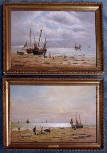 Fishing Boats Moored On A Beach With Figures And Animals Looking On (pair) by William Alexander Kennedy Martin