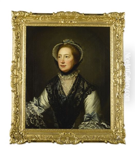 Portrait Of A Lady, Half-length, Wearing A White Dress With Blue Ribbons And A Black Lace Scarf - view 1