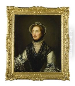 Portrait Of A Lady, Half-length, Wearing A White Dress With Blue Ribbons And A Black Lace Scarf by David Martin
