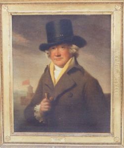 Portrait Of Ramsay Of Camno, Wearing A Black Top Hat And Carrying A Walking Stick, A Harbour And Shipping Beyond
