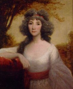 Portrait Of Marion Mccallum In A White Dress With A Red Sash, Her Right Arm Resting On A Cushion, In A Landscape