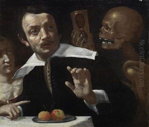 A Vanitas Scene With Death Holding An Hour Glass Behind A Startled Man