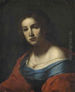 Portrait Of A Lady, Bust-length, In A Blue Dress And Red Wrap
