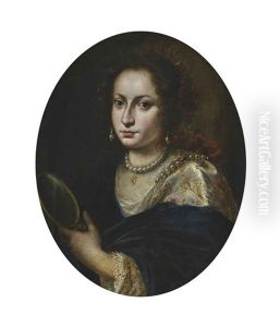 Portrait Of A Lady, Bust-length, In A Lace Trimmed Dress And Pearl Earrings And Necklace, A Mirror In Her Left Hand