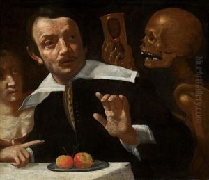 A Vanitas Scene With Death Holding An Hour Glass Behind A Startled Man (death At The Table)