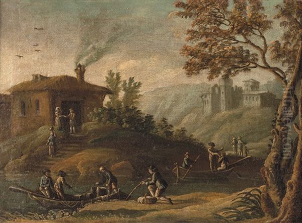 Paesaggio Campestre Con Fiume E Figure; Paesaggio Lacustre Con Pescatori (2 Works) - view 1