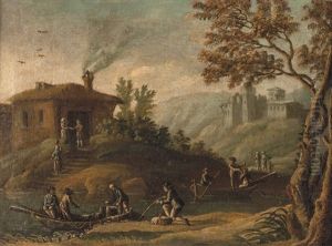 Paesaggio Campestre Con Fiume E Figure; Paesaggio Lacustre Con Pescatori (2 Works) by Vincenzo Martinelli