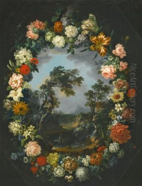 A Floral Garland Surrounding A River Landscape - view 1