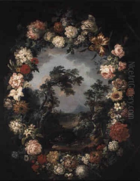 A Wreath Of Flowers Surrounding A Mountainous River Landscape - view 1