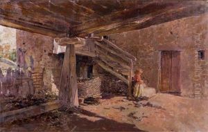Spanisches Bauerngehoft Mit Kleinem Madchen by Enrique Martinez Cubells y Ruiz