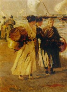Fisherwomen On The Beach by Salvador Martinez Cubells