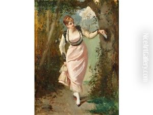 A Young Lady In A Garden Looking Around A Tree And Holding A Letter by Serafin Martinez del Ricon y Trives