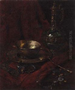 A Jewelled Ewer, Some Gold Plate, A Bracelet And A Necklace, On A Draped Ledge