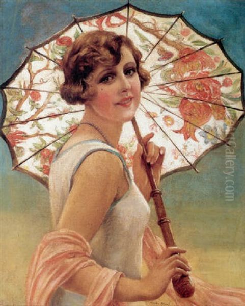 Ung Pige Med En Blomstret Parasol - view 1