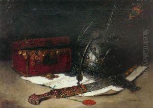 A Still Life With An Oriental Helmet, A Dagger And A Jewellery Box On A Document