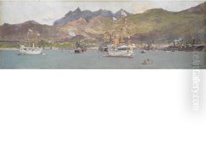 The Single-funnelled Torpedo Cruiser H.m.s. Cossack And The Three-funnelled Cruiser H.m.s. Highflyer Of The Royal Flotilla Lying In Port Louis, Mauritius