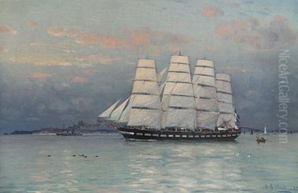 A Large Windjammer Off The Coast In Light Winds - view 1
