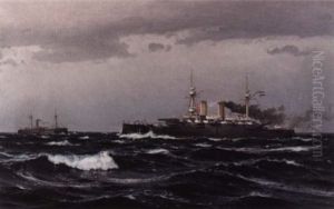 An Argentinian Cruiser With A Frigate In The Background by Edoardo de Martino