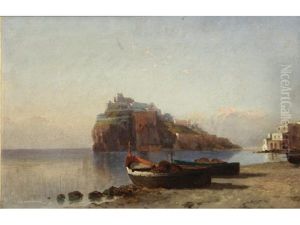 A View Of The Island Of Ischia With Beached Fishing Boats In The Foreground