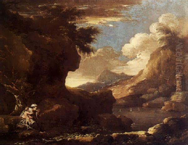 Paesaggio Lacustre; A Sinistra, Donna Che Si Disseta Con Un Bambino In Braccio - view 1