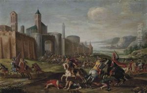 A Cavalry Skirmish, With A Castle Being Stormed Beyond A Cavalry Skirmish, With A Castle Being Stormed Beyond