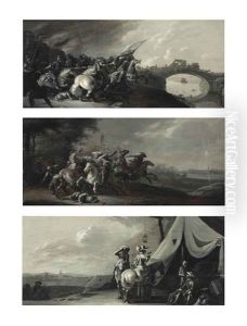 The Battle Of The Amazons; A Cavalry Skirmish; And A Cavalry Encampment By A Besieged Town; En Grisaille (3 Works) by Jan de Martszen the Younger