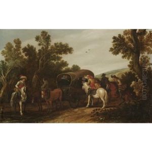 A Wooded Dune Landscape With Bandits Holding Up A Covered Wagon