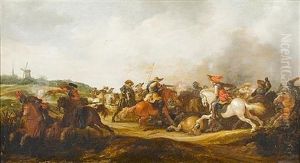 A Cavalry Skirmish With A Windmill Beyond by Jan de Martszen the Younger