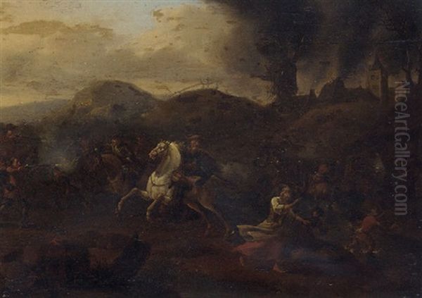 A Skirmish Between Cavalry And Infantry, A Burning Village Beyond by Jan de Martszen the Younger
