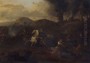 A Skirmish Between Cavalry And Infantry, A Burning Village Beyond by Jan de Martszen the Younger