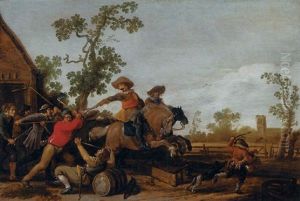 Villagers Attacking Cavalry Outside A Cottage by Jan de Martszen the Younger
