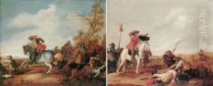 A Cavalryman Sounding A Horn Before Figures Tending To A Wounded Soldier by Jan de Martszen the Younger