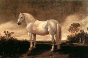 A Grey Horse Standing In A Meadow Before A Wayside House    With A Traveller Passing