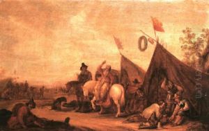 A Military Encampment With A Peasant Woman Upon A Grey Horse Drinking A Toast Whilst Other Peasants Roll Dice by Jan de Martszen the Younger