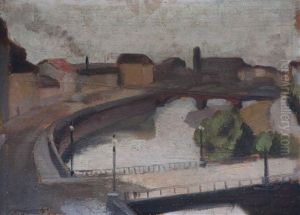 Scorcio Di Citta Con Ponte (+ Vaso Con Fiori, Verso) by Piero Marussig
