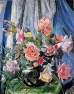 Bouquet De Roses Sur Gueridon Et Nappe Verte by Jacqueline Marval