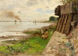 Maler Mit Seiner Staffelei Am Rheinufer by Gustav Marx