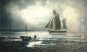 Am Nachtlichen Ufer Des Meeres Liegt Ein Groses Segelschiff Vor Anker by Johann Marx