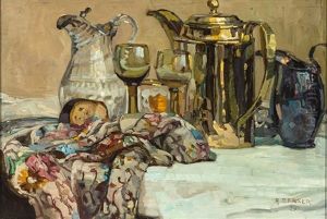 Stilleben Mit Buntem Tuch, Glasern Und Kannen by Alfred Marxer
