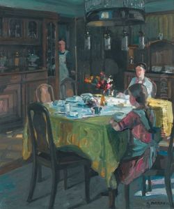 Interieur Mit Mutter Und Kind Am Gedeckten Tisch by Alfred Marxer