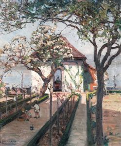 Spielende Kinder Im Garten Am See by Alfred Marxer