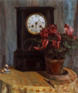 Stilleben Mit Alpenveilchen Und Pendule Auf Einem Tisch by Alfred Marxer