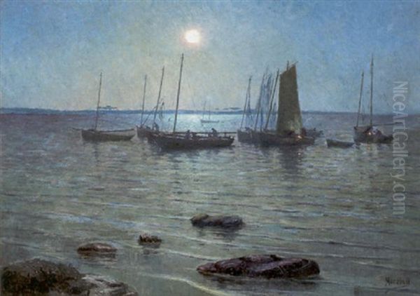 Kustenlandschaft Mit Fischerbooten Bei Mondschein - view 1
