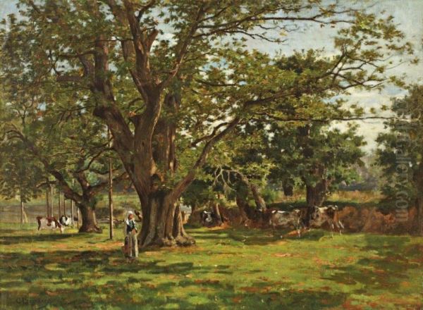 Fermiere Et Son Troupeau Sous Les Grands Arbres - view 1